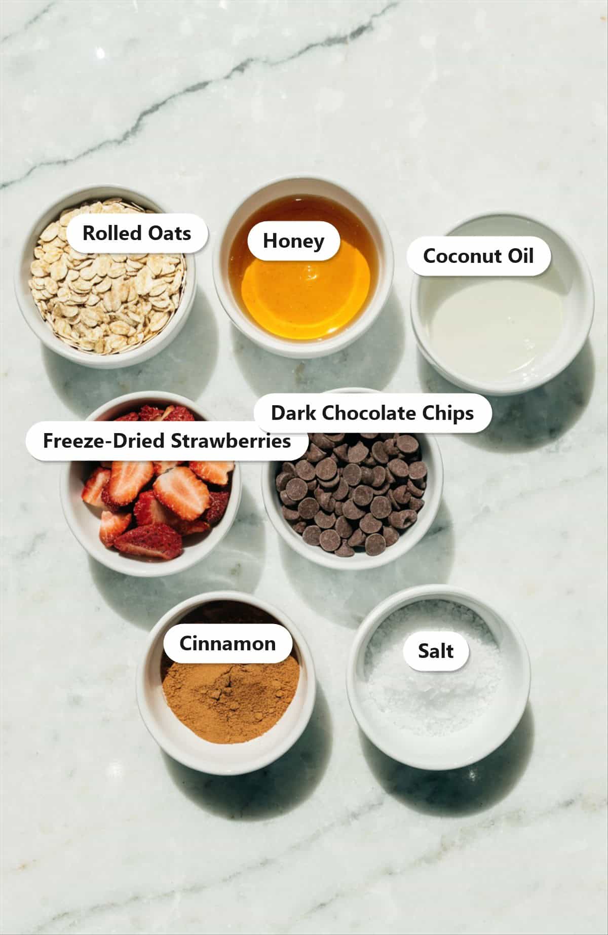 Labeled ingredients for homemade granola including rolled oats, honey, coconut oil, freeze-dried strawberries, dark chocolate chips, cinnamon, and salt.