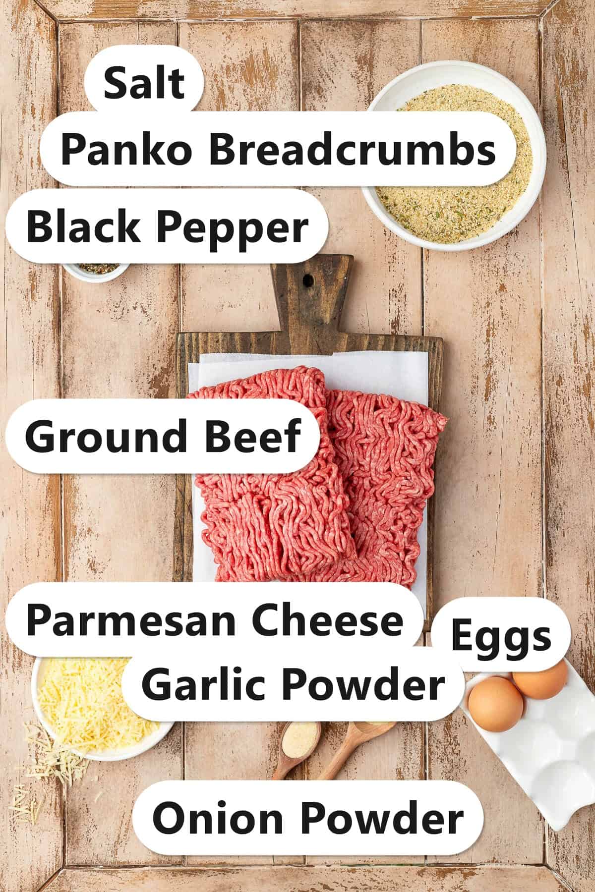 Labeled ingredients for homemade meatballs including ground beef, Parmesan cheese, panko breadcrumbs, eggs, garlic powder, onion powder, salt, and black pepper.
