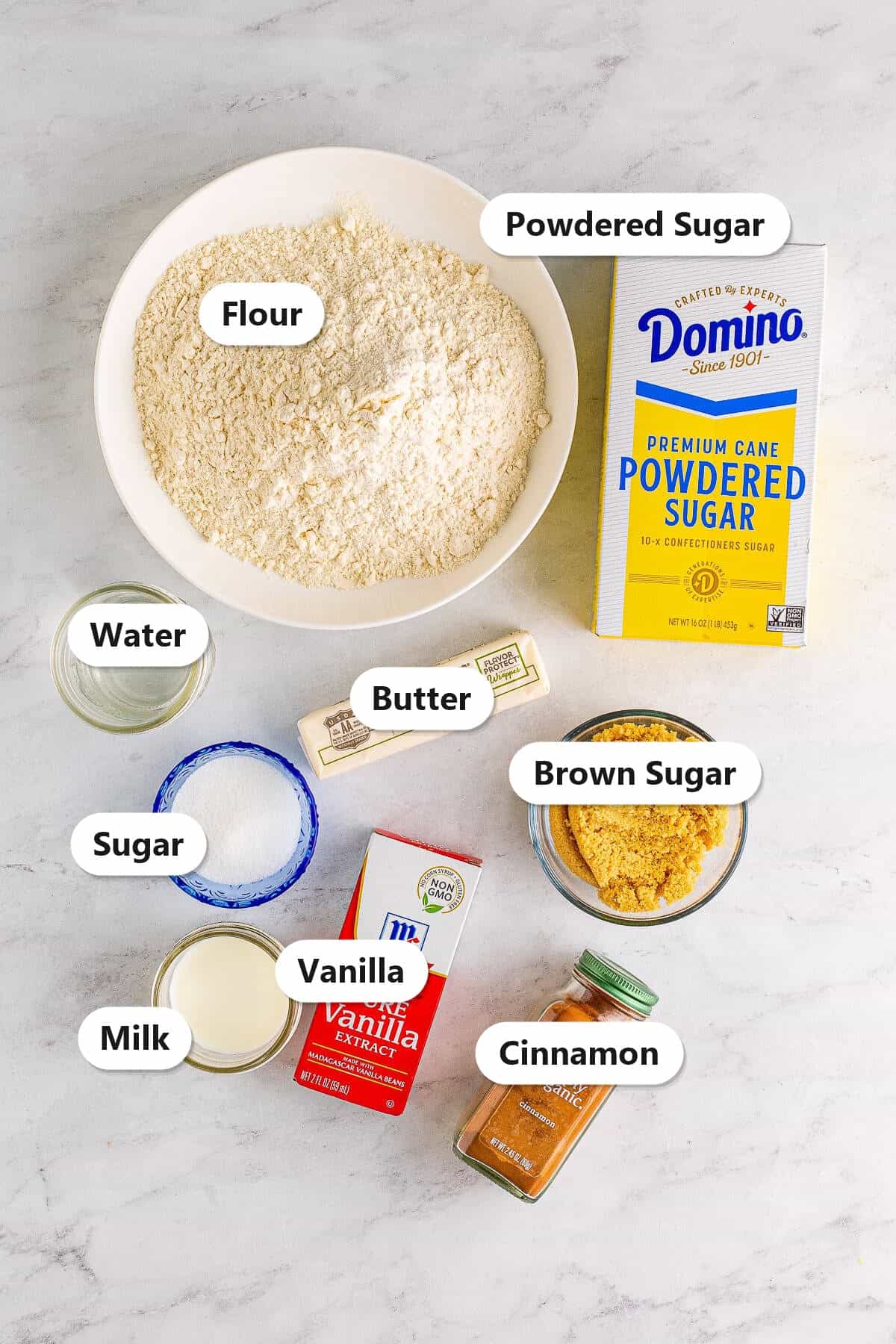Labeled homemade pop tarts ingredients including flour, butter, brown sugar, cinnamon, and powdered sugar.
