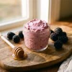 A jar of fluffy whipped blackberry honey butter on a wooden board with fresh blackberries and a honey dipper.