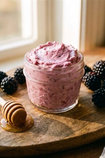 A jar of fluffy whipped blackberry honey butter on a wooden board with fresh blackberries and a honey dipper.