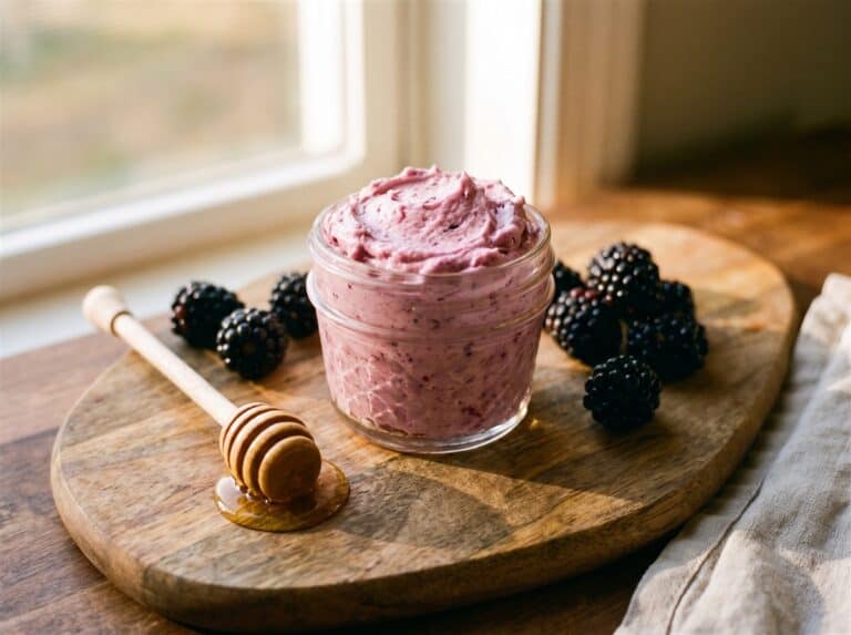 A jar of fluffy whipped blackberry honey butter on a wooden board with fresh blackberries and a honey dipper.