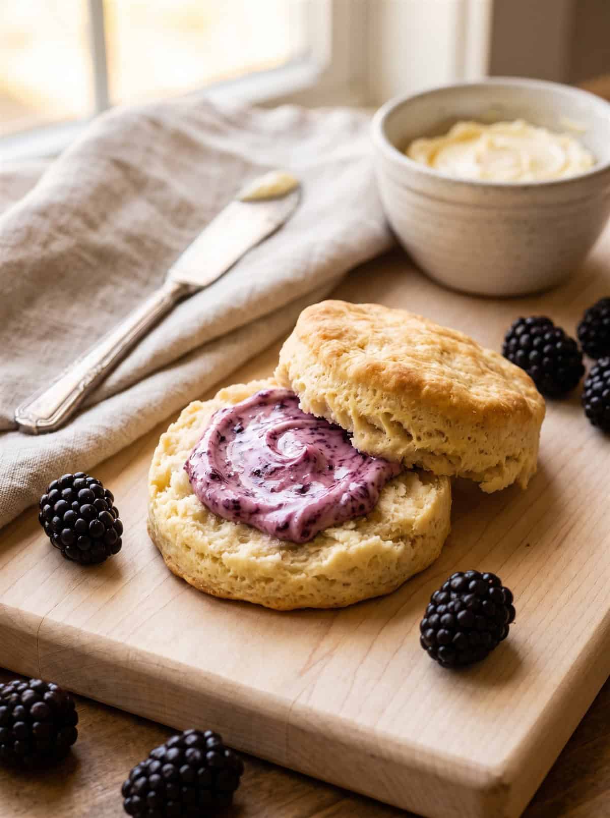 Whipped blackberry honey butter spread on a warm split biscuit with fresh blackberries scattered around.