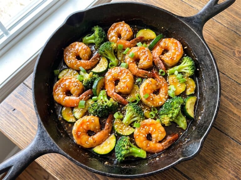 Honey garlic shrimp stir fry with broccoli and zucchini in a glossy sauce in a skillet.