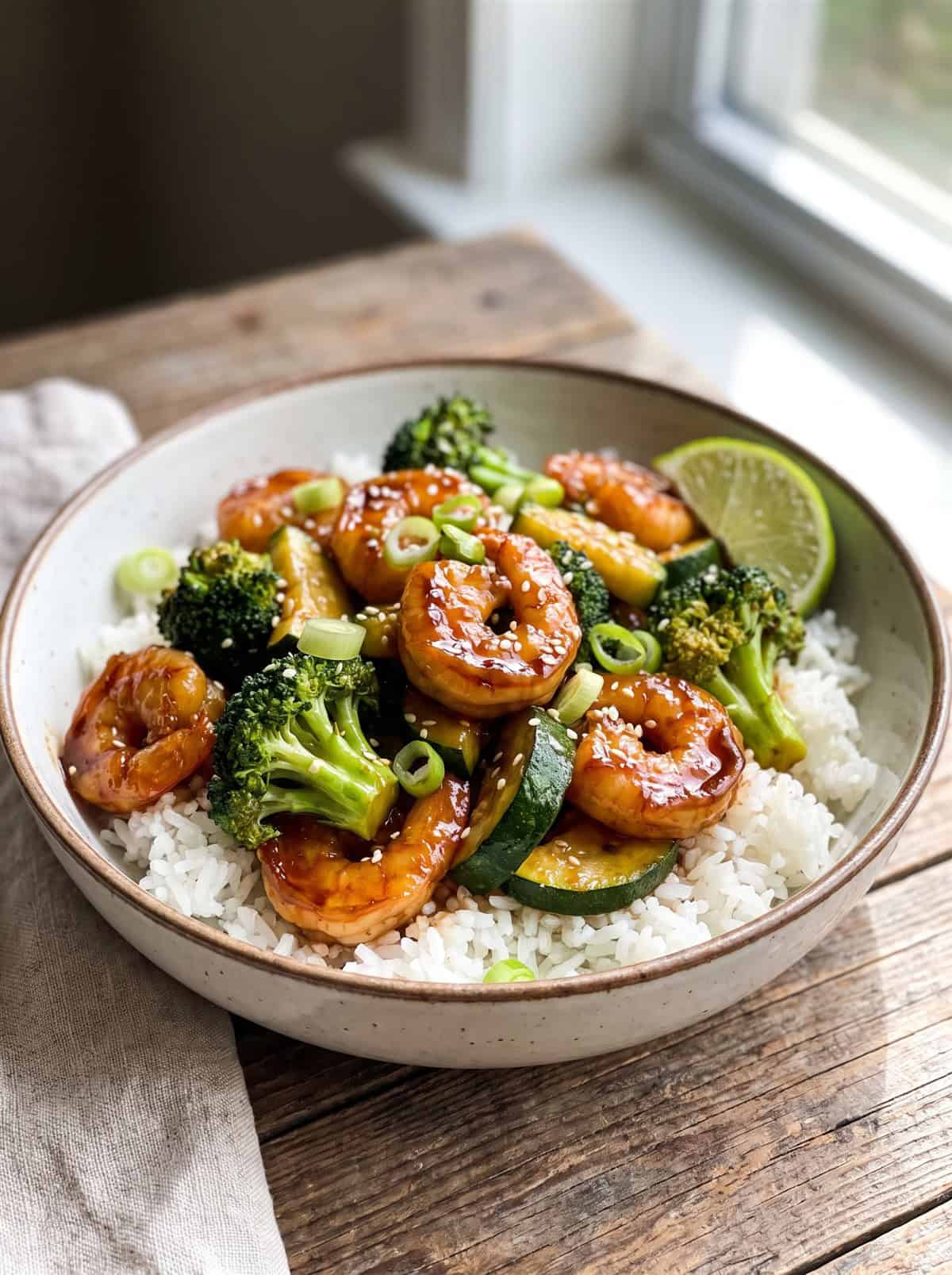 Honey garlic shrimp stir fry served over white rice in a bowl with a lime wedge.