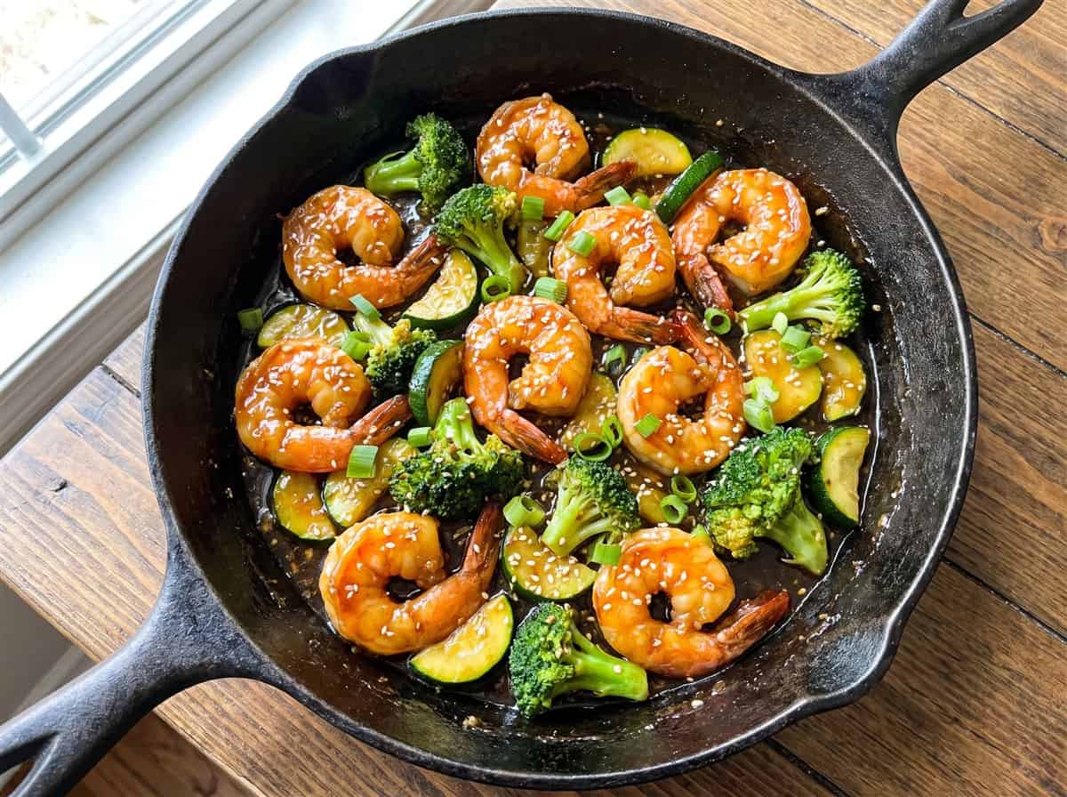 Honey garlic shrimp stir fry with broccoli and zucchini in a glossy sauce in a skillet.