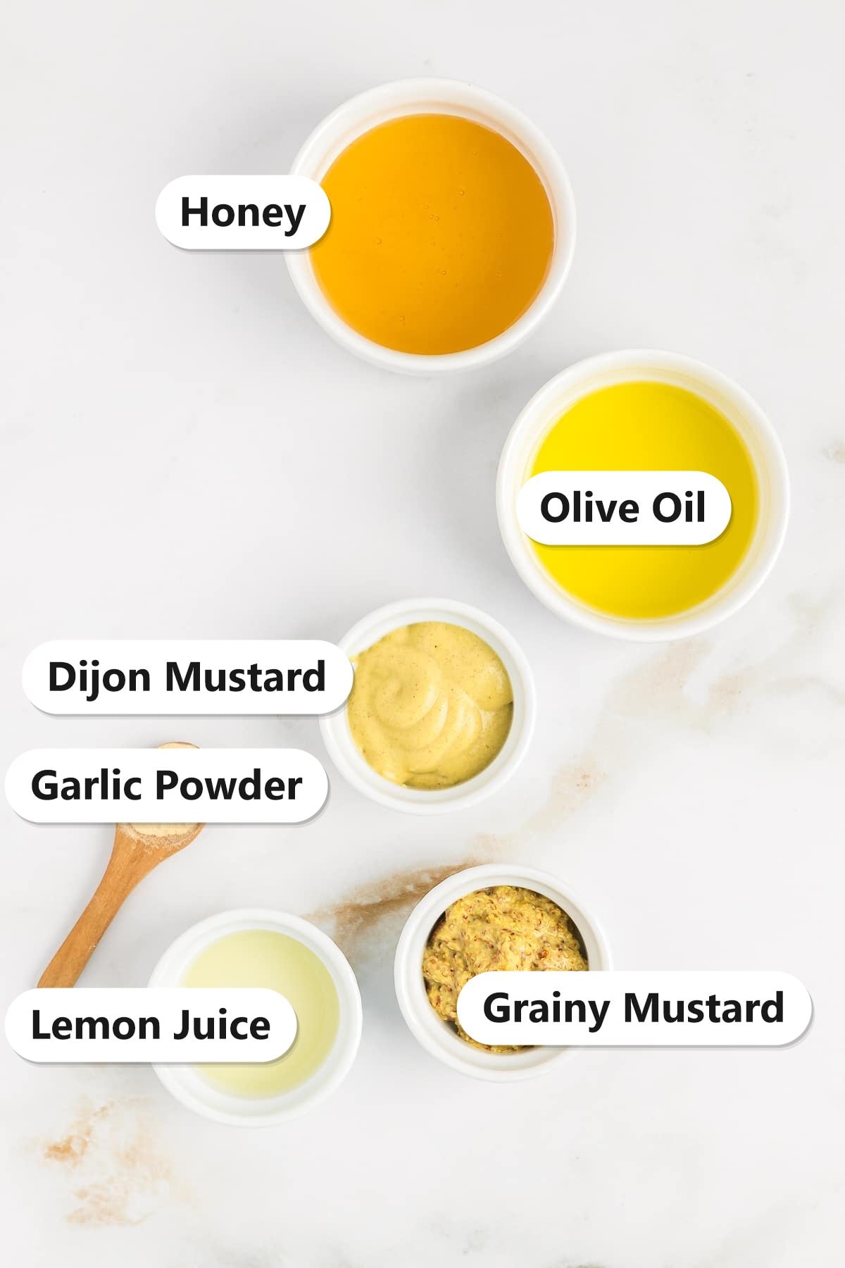 Honey mustard dressing ingredients labeled: honey, olive oil, dijon mustard, grainy mustard, lemon juice, and garlic powder.