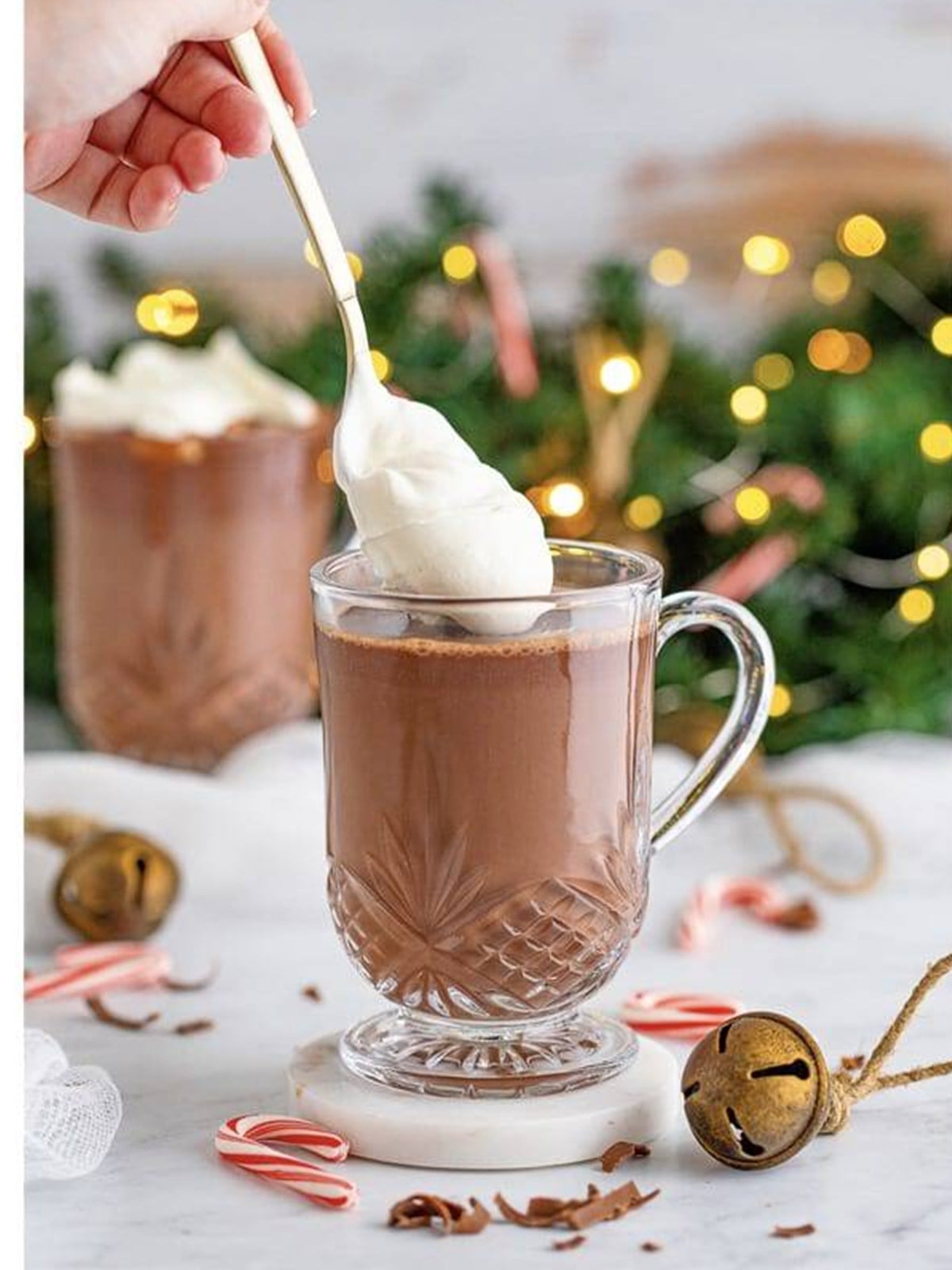 Homemade hot chocolate topped with whipped cream, chocolate shavings, and a candy cane.