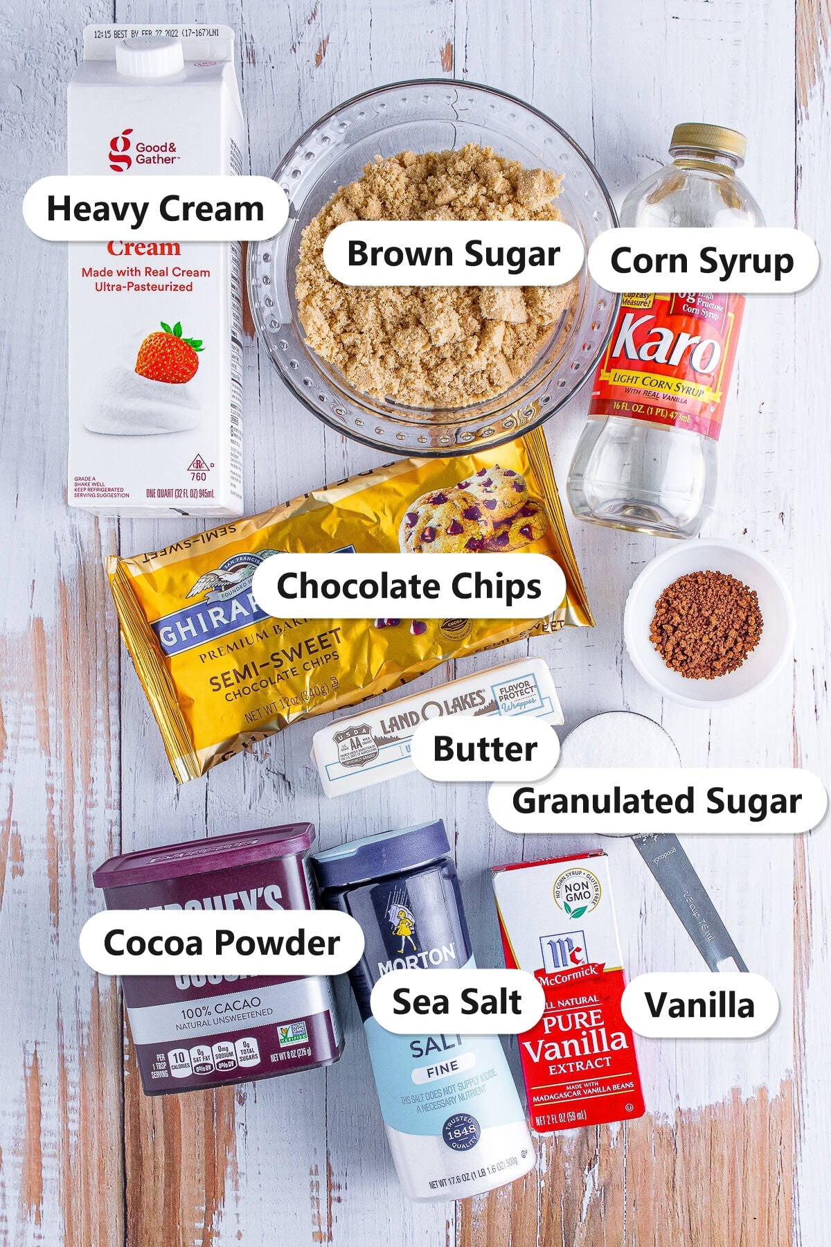 Labeled ingredients needed to make hot fudge sauce.