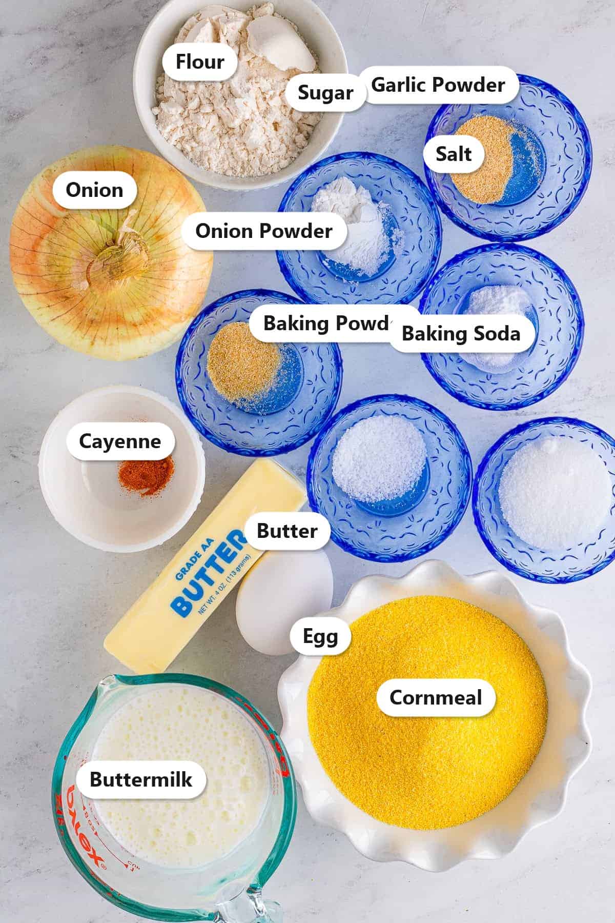Labeled hush puppy recipe ingredients including cornmeal, flour, onion, buttermilk, egg, and spices.