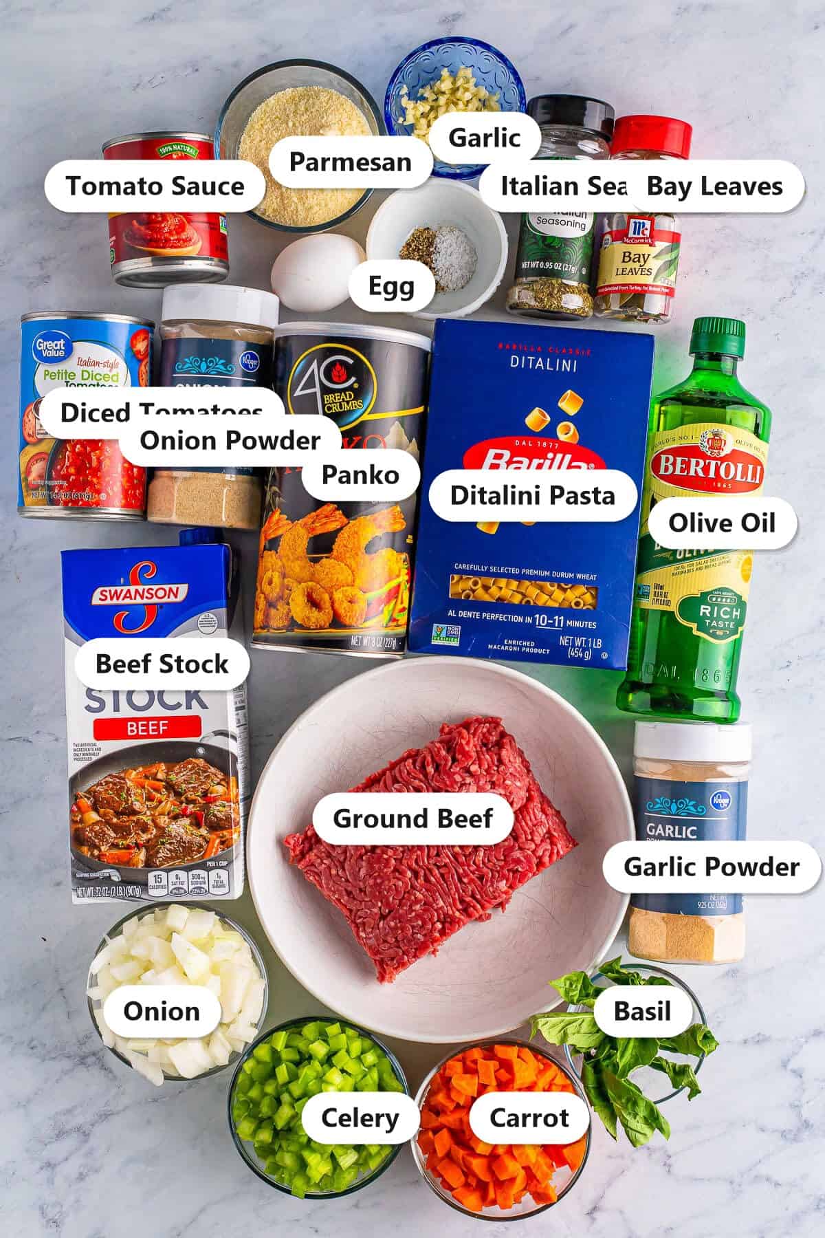 Labeled ingredients for Italian meatball soup including ground beef, parmesan, panko, egg, ditalini pasta, beef stock, diced tomatoes, tomato sauce, onion, carrot, celery, and seasonings.