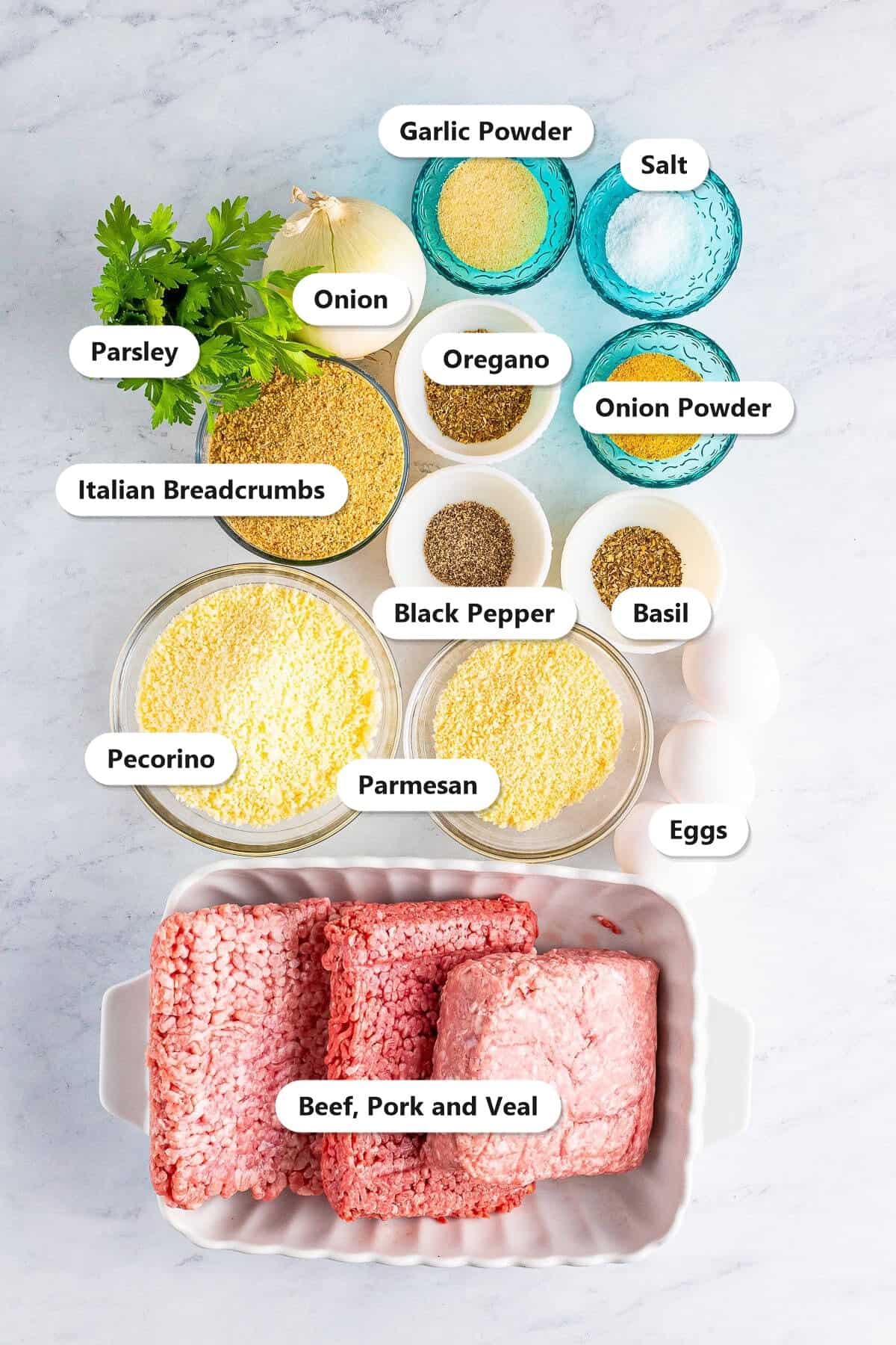 Labeled ingredients for Italian meatballs including ground beef, pork, and veal, eggs, pecorino, Parmesan, breadcrumbs, onion, parsley, and seasonings.