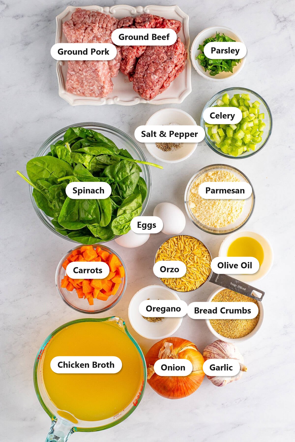 Labeled ingredients to make Italian Wedding Soup including ground beef and pork, spinach, orzo, carrots, celery, parmesan, and chicken broth.