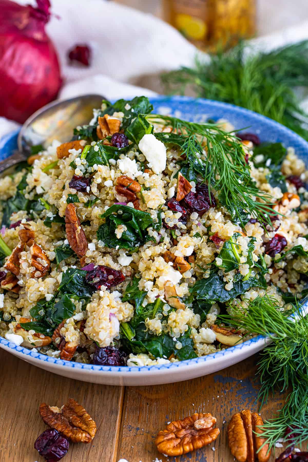 A bowl of kale and quinoa salad with cranberries, pecans, feta, and fresh dill.