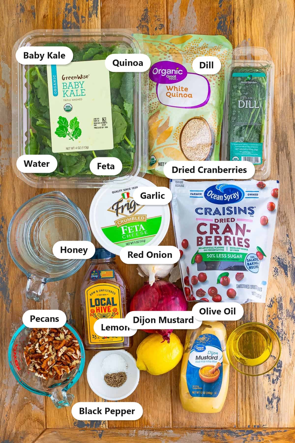 Labeled ingredients for kale and quinoa salad including baby kale, quinoa, dill, feta, dried cranberries, pecans, red onion, lemon, honey, dijon mustard, olive oil, garlic, and black pepper.