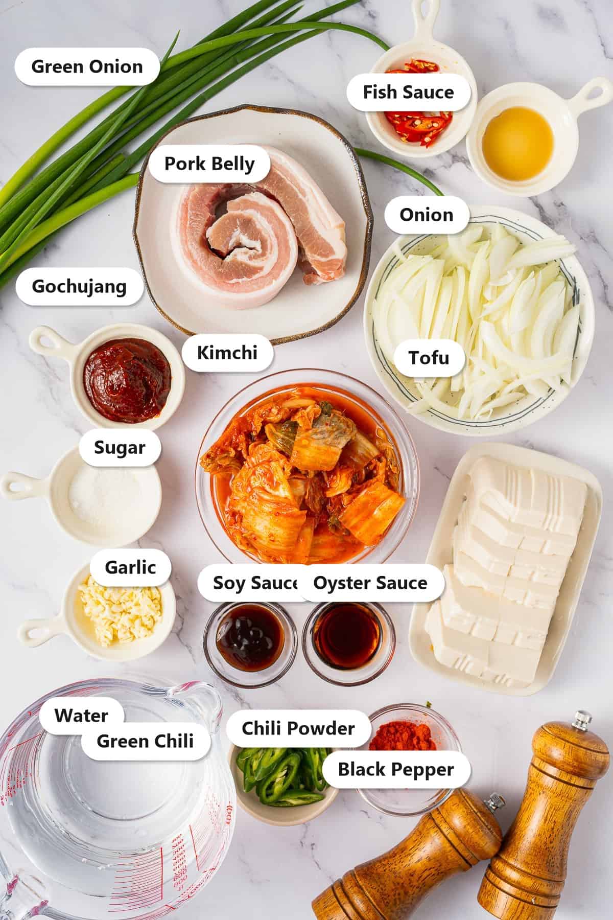Labeled ingredients for kimchi jjigae including pork belly, kimchi, tofu, onion, green onion, garlic, gochujang, soy sauce, oyster sauce, fish sauce, sugar, chili powder, green chili, and water.