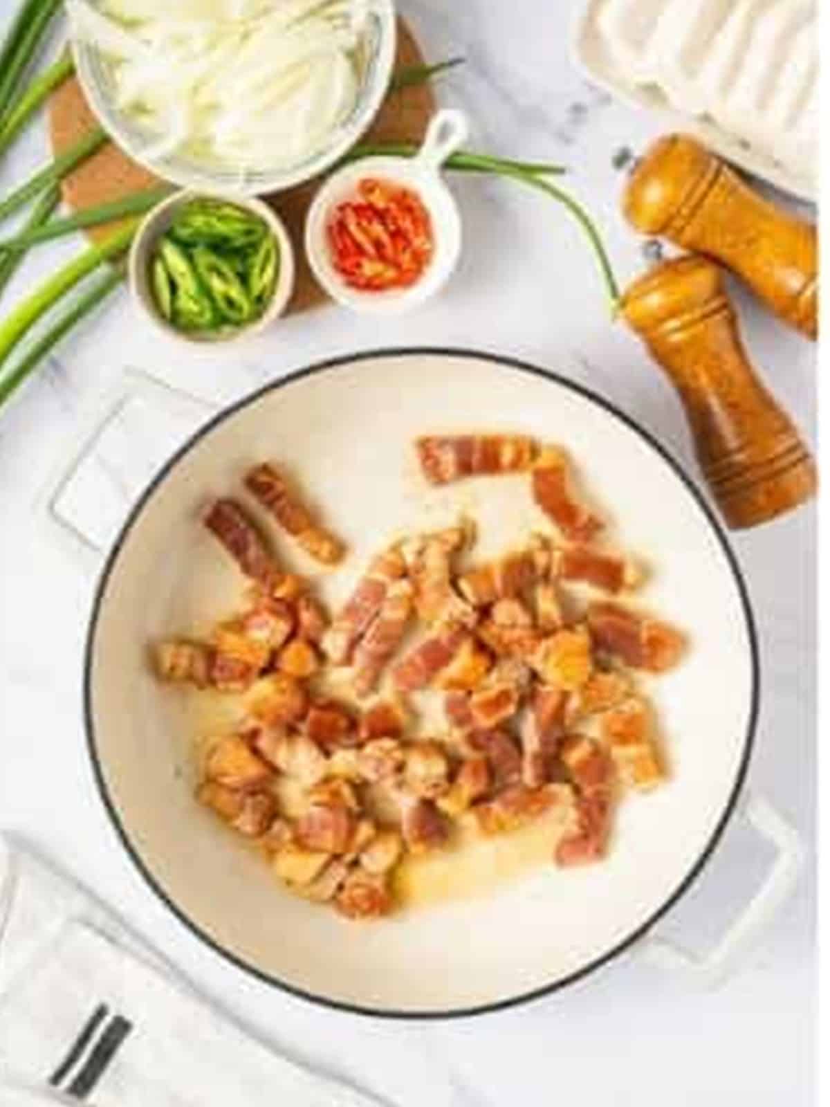 Sliced pork belly on a plate ready to marinate for kimchi jjigae.