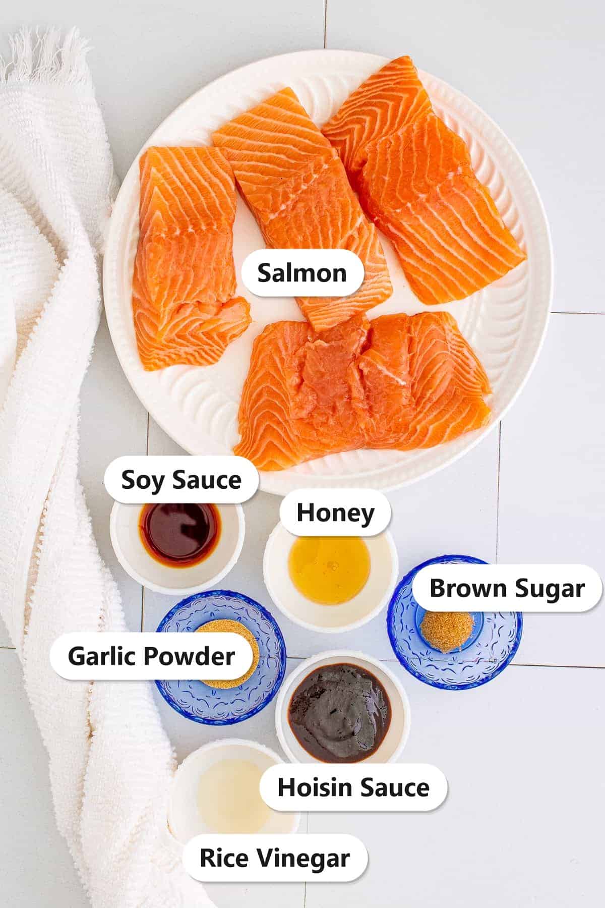 Labeled ingredients for air fryer salmon including salmon filets, hoisin sauce, soy sauce, honey, brown sugar, garlic powder, and rice vinegar.