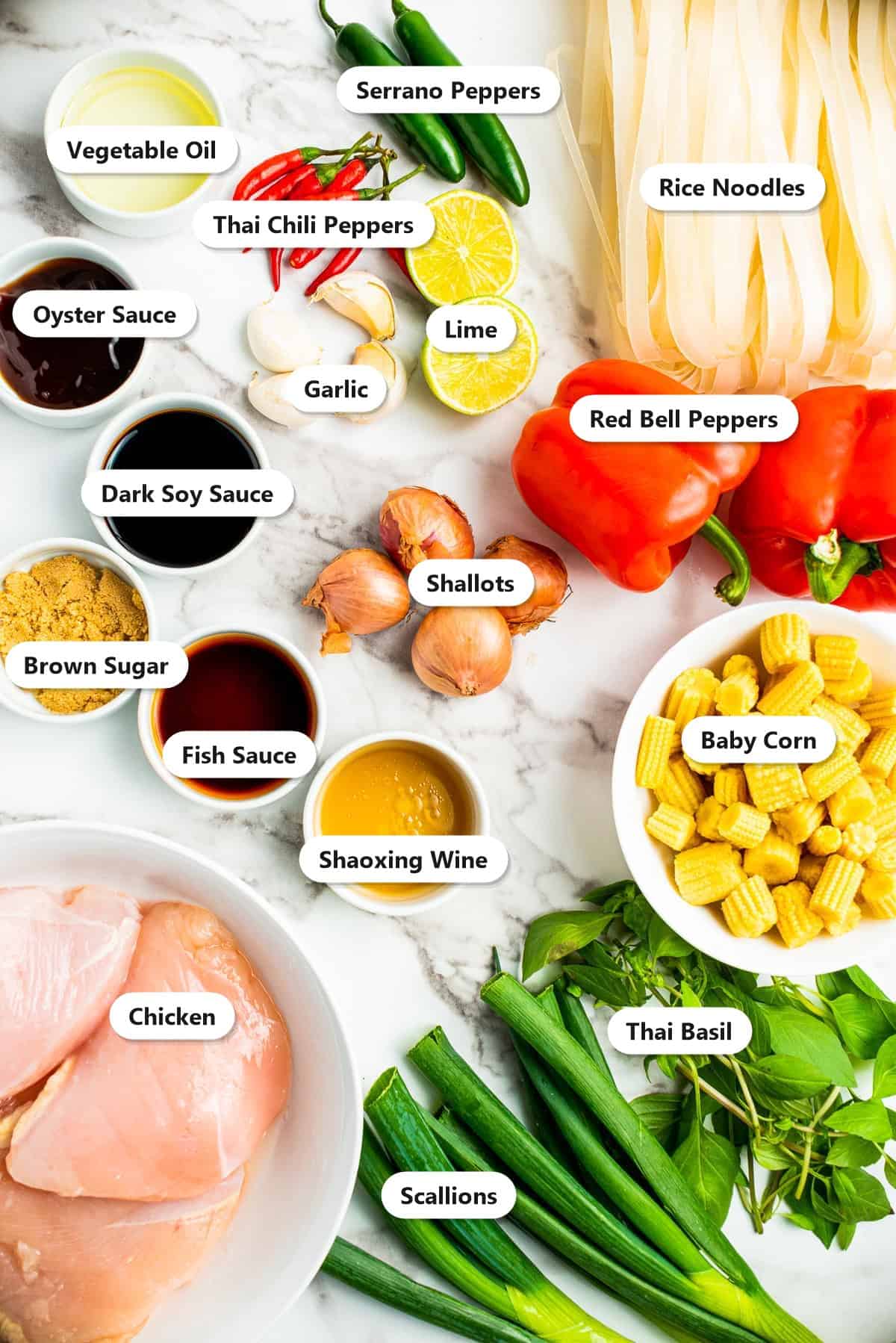 Labeled ingredients for Thai drunken noodles including rice noodles, chicken, sauces, peppers, baby corn, Thai basil, and scallions.