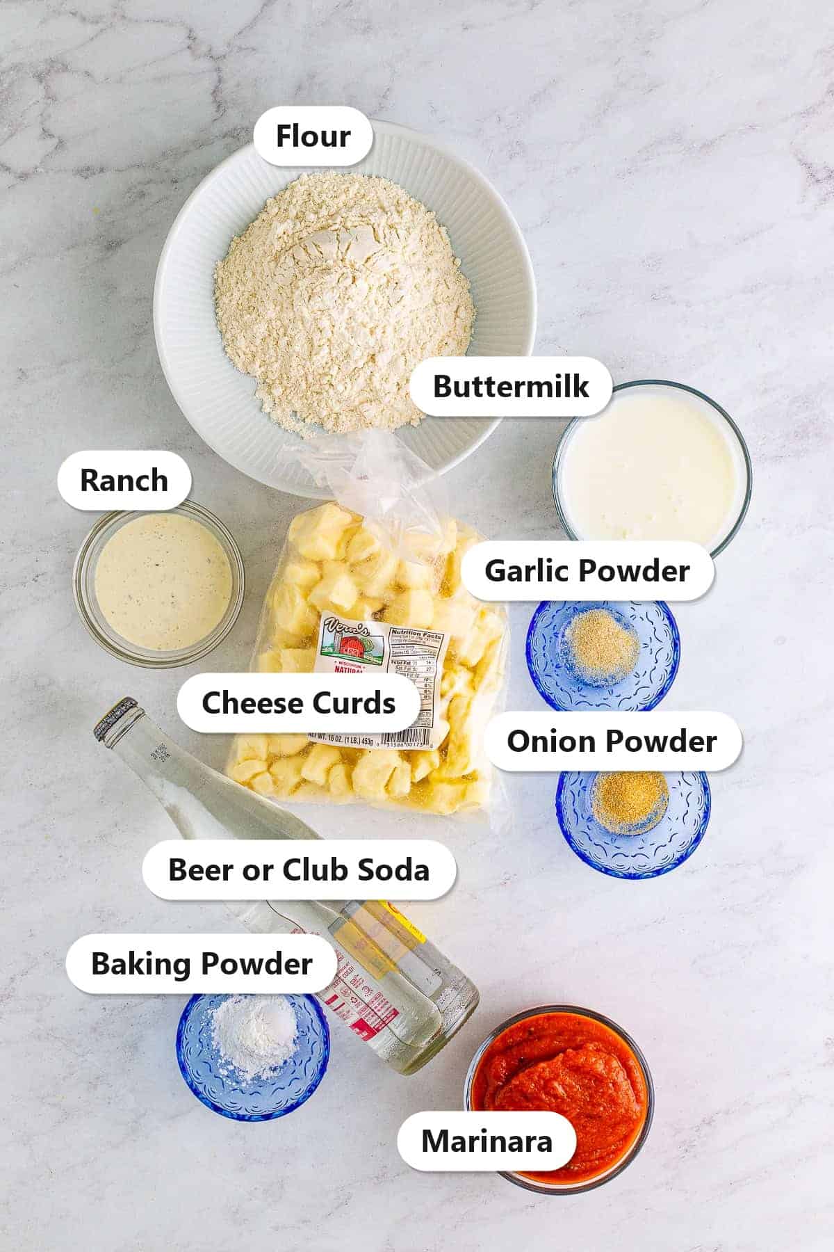 Labeled Fried Cheese Curds ingredients including cheese curds, flour, buttermilk, beer, baking powder, garlic powder, onion powder, marinara, and ranch.