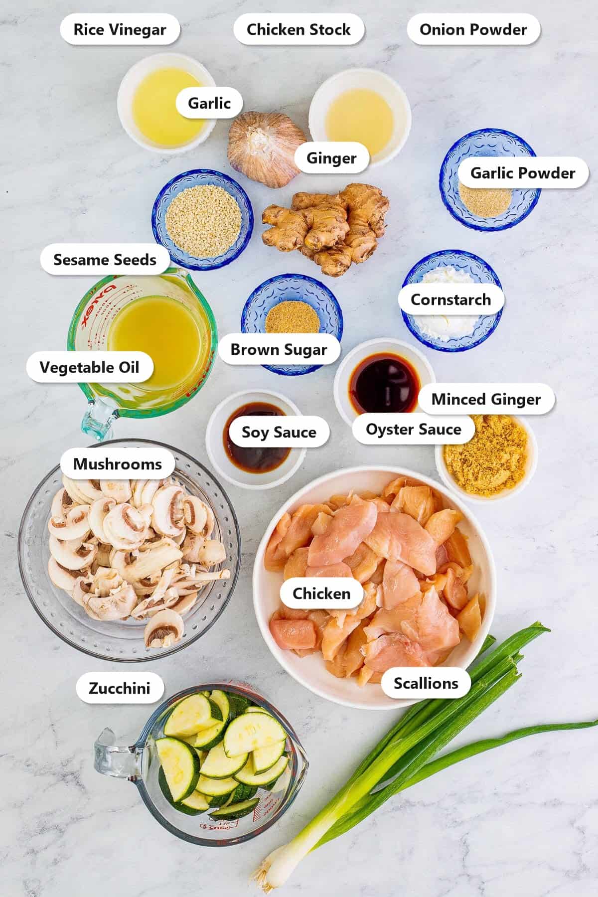 Labeled Panda Express Mushroom Chicken ingredients including chicken, mushrooms, zucchini, soy sauce, oyster sauce, brown sugar, ginger, and garlic.