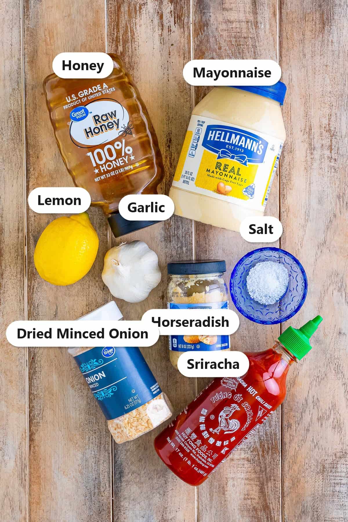 Labeled Sriracha Mayo ingredients including mayonnaise, sriracha, honey, lemon, garlic, horseradish, dried minced onion, and salt.