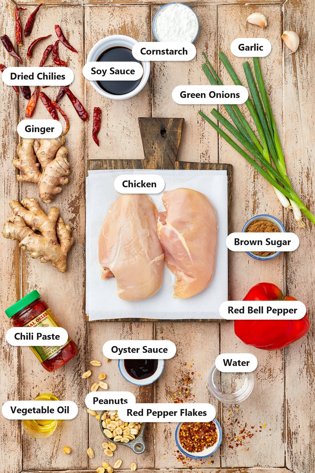 Labeled ingredients to make kung pao chicken including diced chicken, soy sauce, peanuts, dried chilies, red bell pepper, and green onions.