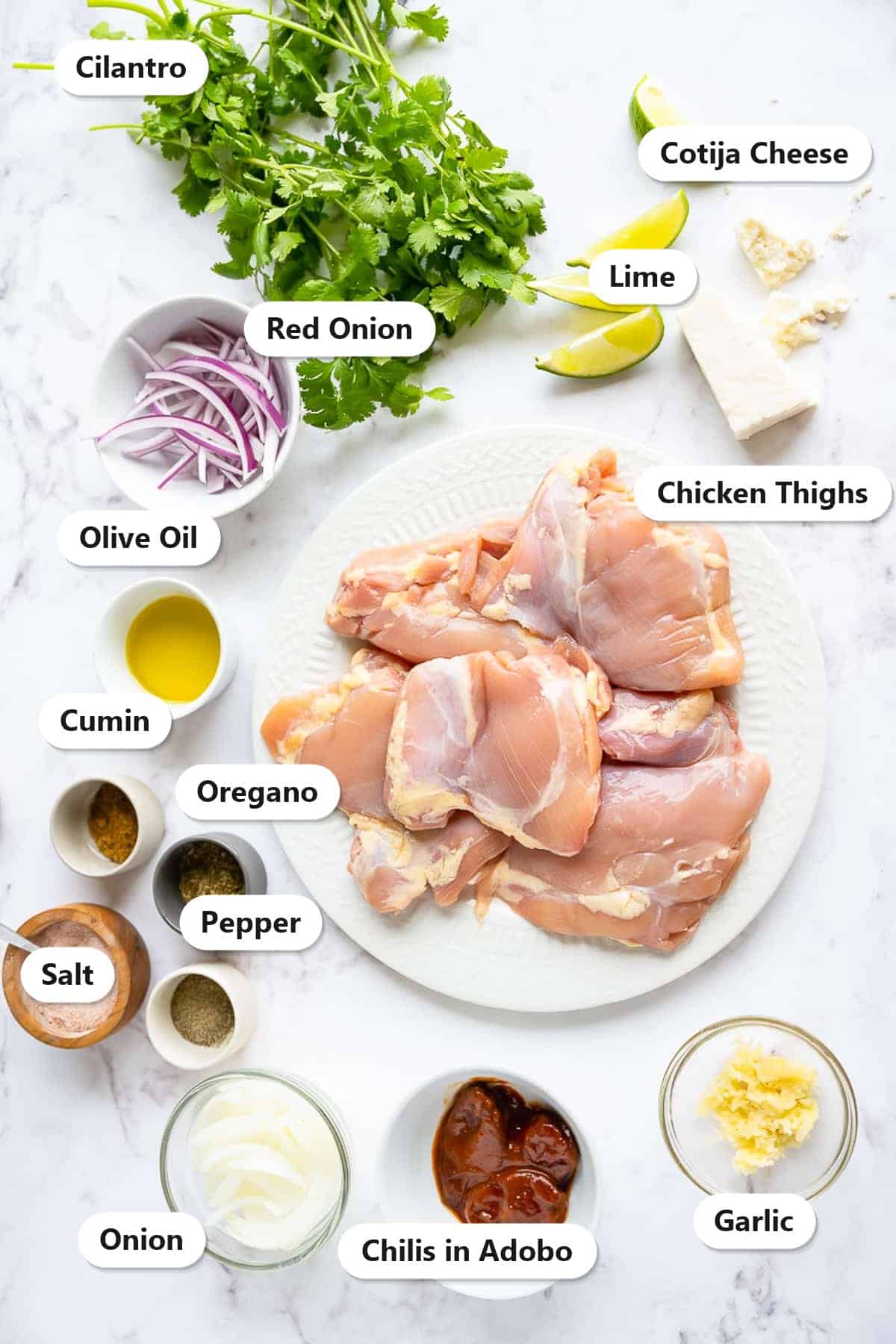 Labeled ingredients for slow cooker chicken tinga including chicken thighs, chilis in adobo, onion, garlic, cumin, oregano, cilantro, lime, and cotija cheese.