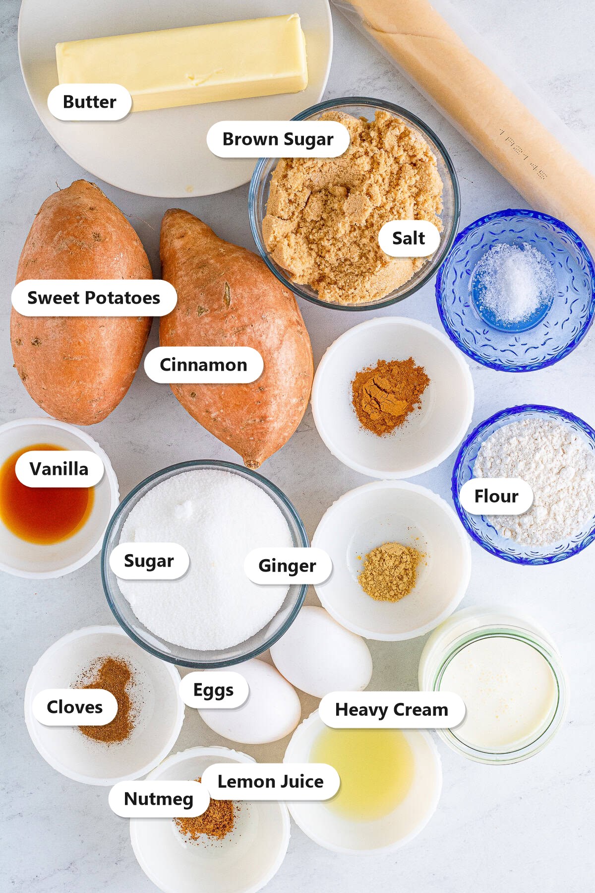 Labeled ingredients to make sweet potato pie including sweet potatoes, butter, brown sugar, eggs, heavy cream, and warm spices.