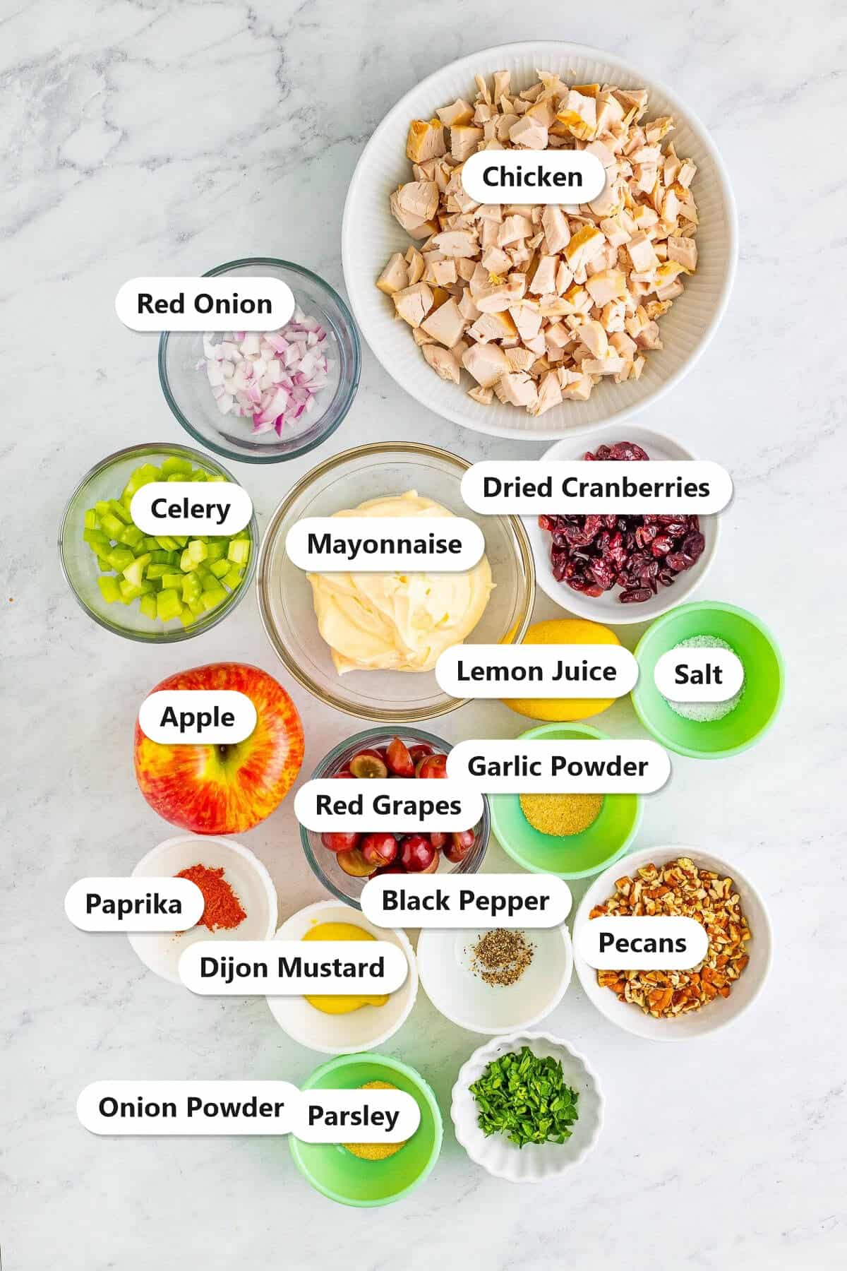 Labeled ingredients to make chicken salad including diced chicken, mayonnaise, celery, red grapes, apple, dried cranberries, and pecans.