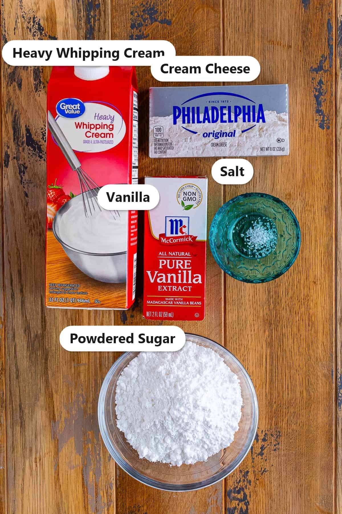 Labeled Whipped Cream Cheese Frosting ingredients including cream cheese, heavy whipping cream, powdered sugar, vanilla, and salt.