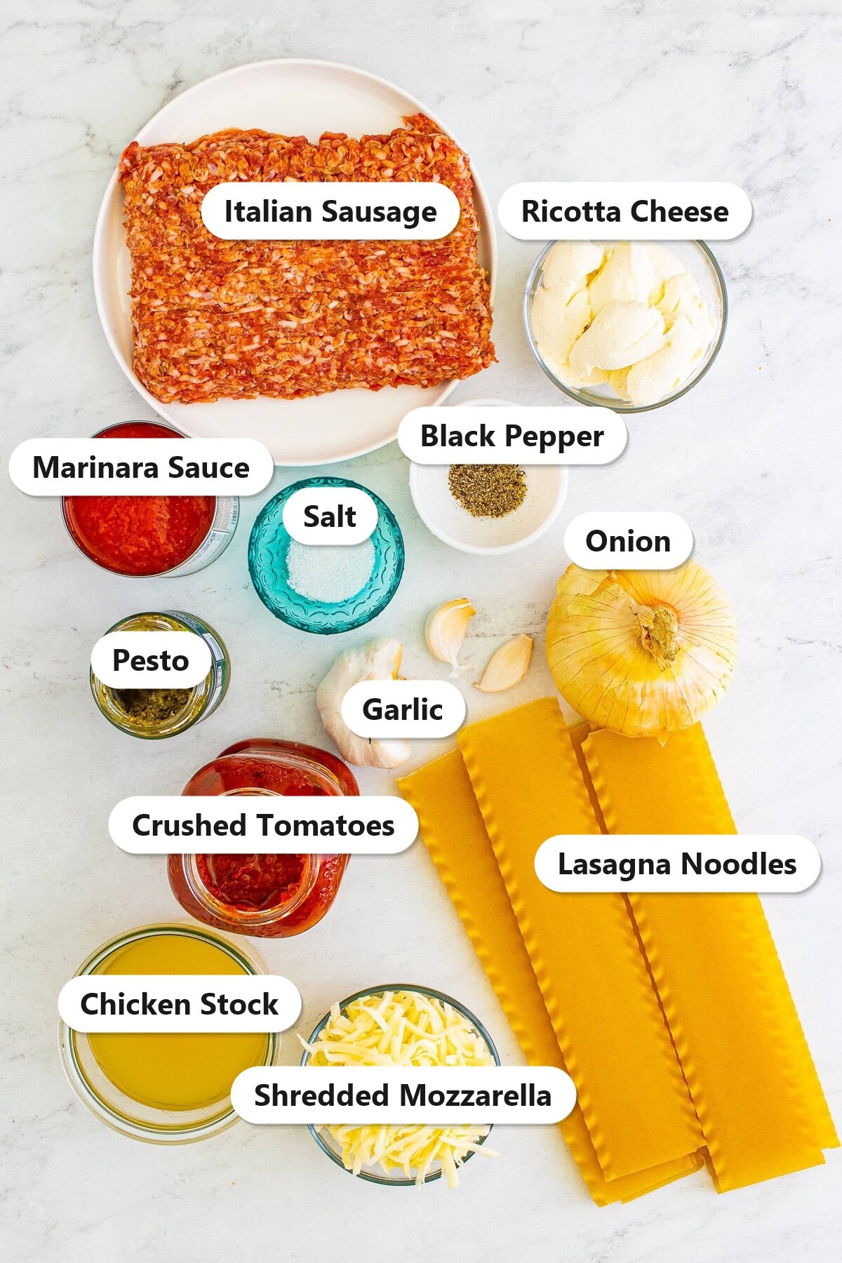 Labeled ingredients needed to make Lasagna Soup.