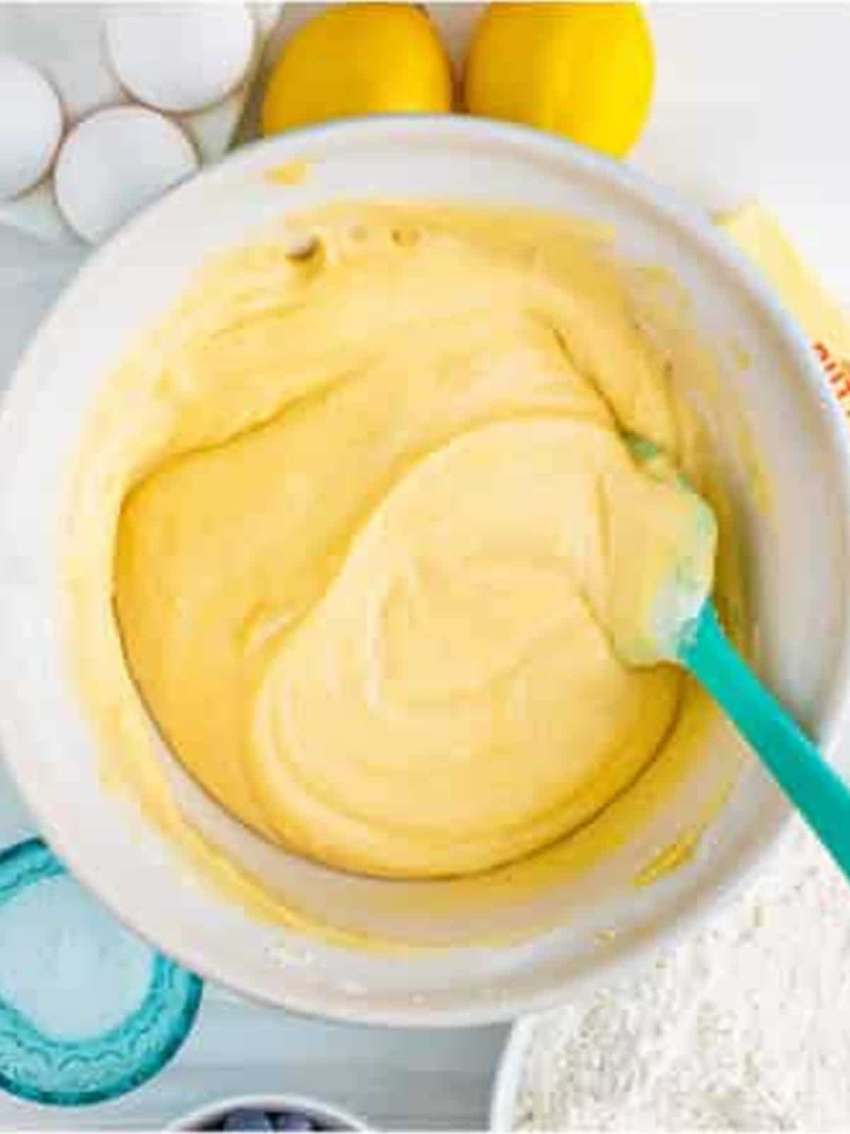Smooth lemon coffee cake batter in a mixing bowl.