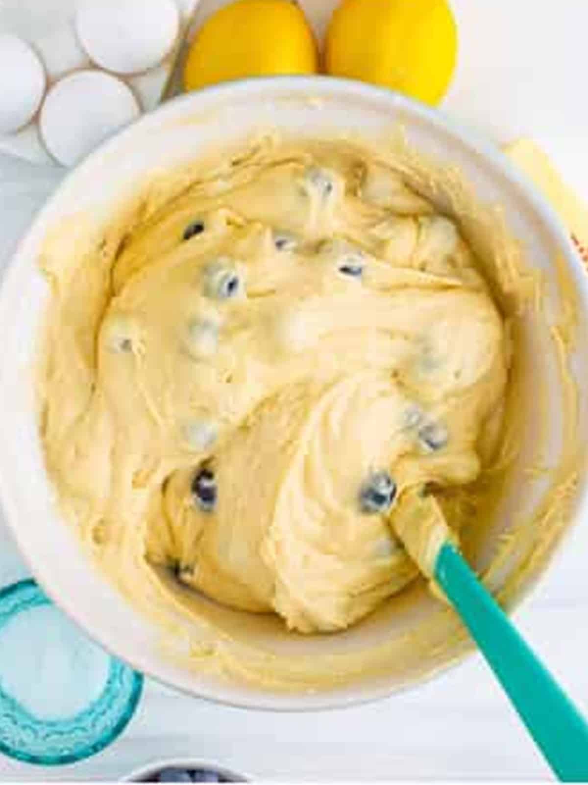 Blueberries folded into lemon coffee cake batter.