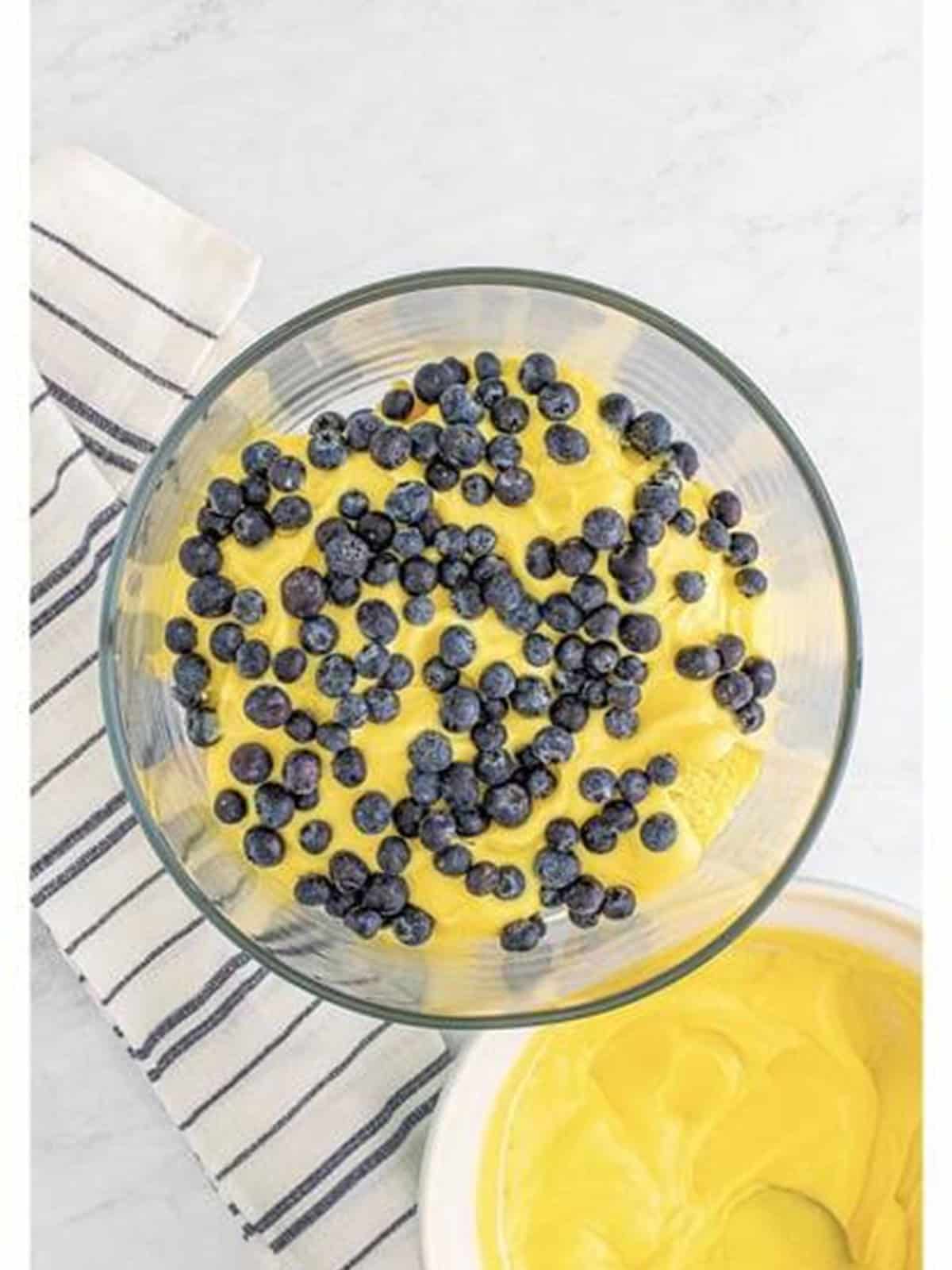 Fresh blueberries scattered over the pudding layer.