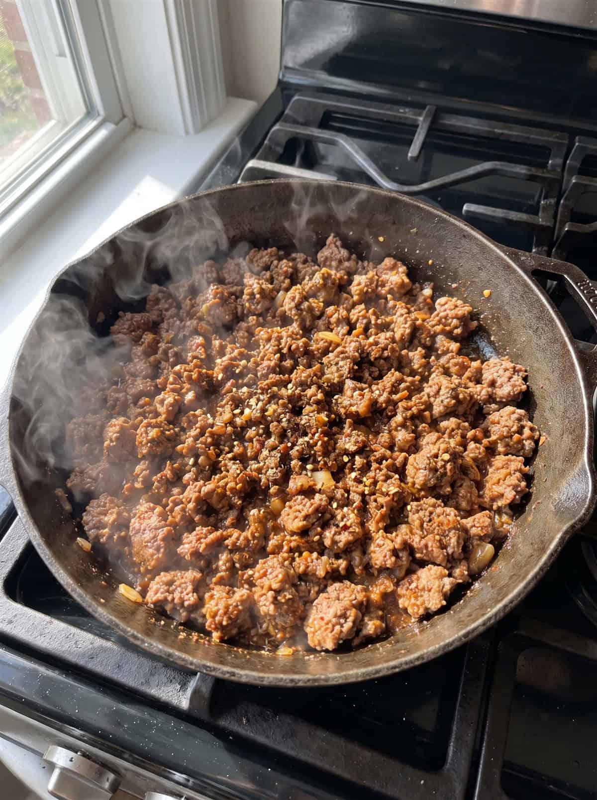Seasoned ground beef browning in a skillet.