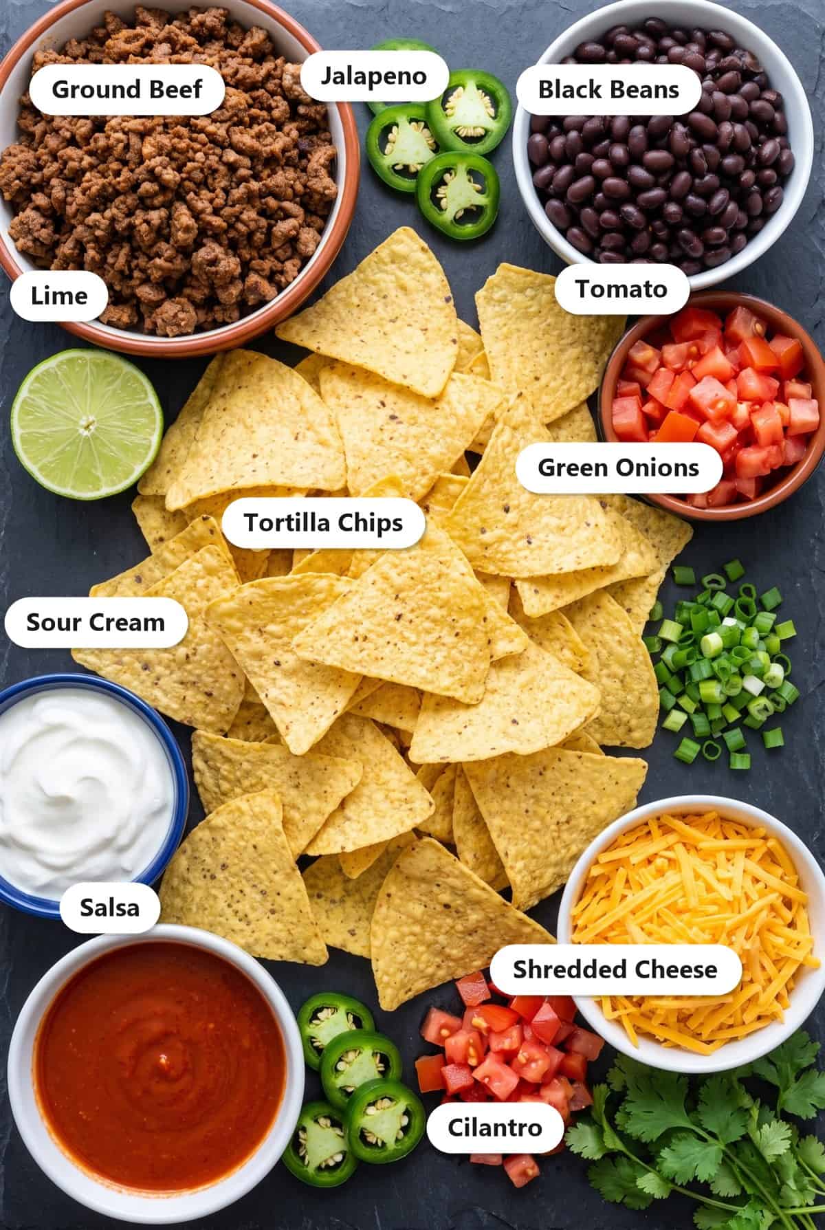 Labeled ingredients for loaded nachos including tortilla chips, ground beef, black beans, shredded cheese, sour cream, salsa, jalapeno, tomato, green onion, lime, and cilantro.