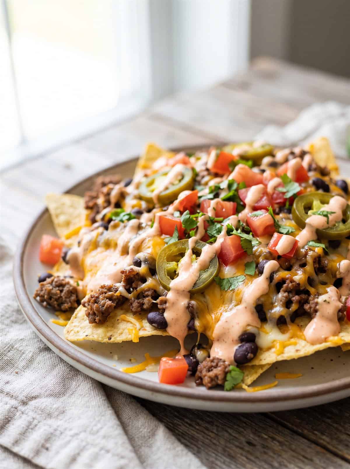 A plate of loaded nachos drizzled with creamy sriracha lime sour cream.
