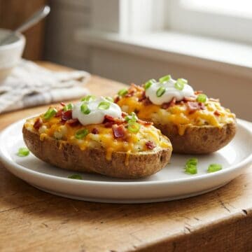 Loaded twice baked potatoes on a plate topped with melted cheese, bacon, sour cream, and scallions.