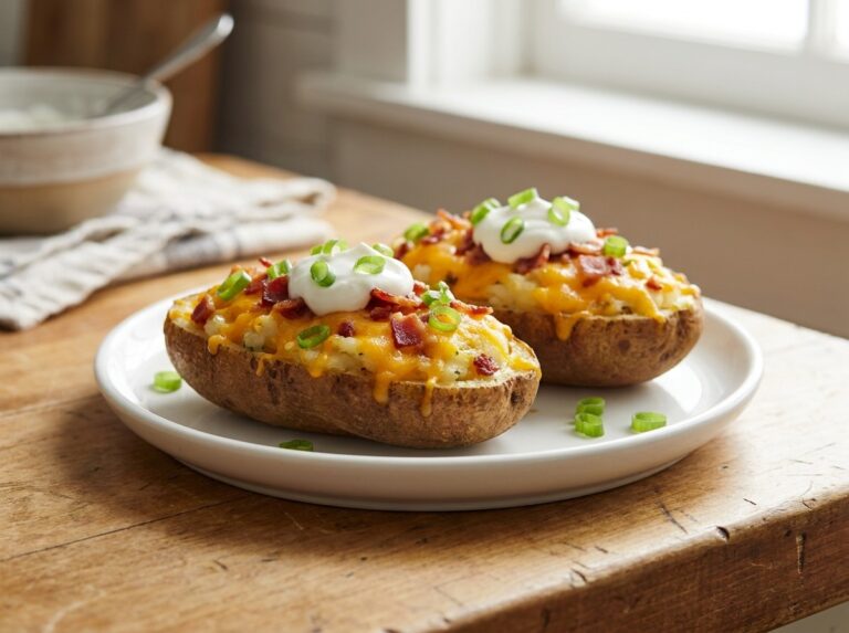 Loaded twice baked potatoes on a plate topped with melted cheese, bacon, sour cream, and scallions.