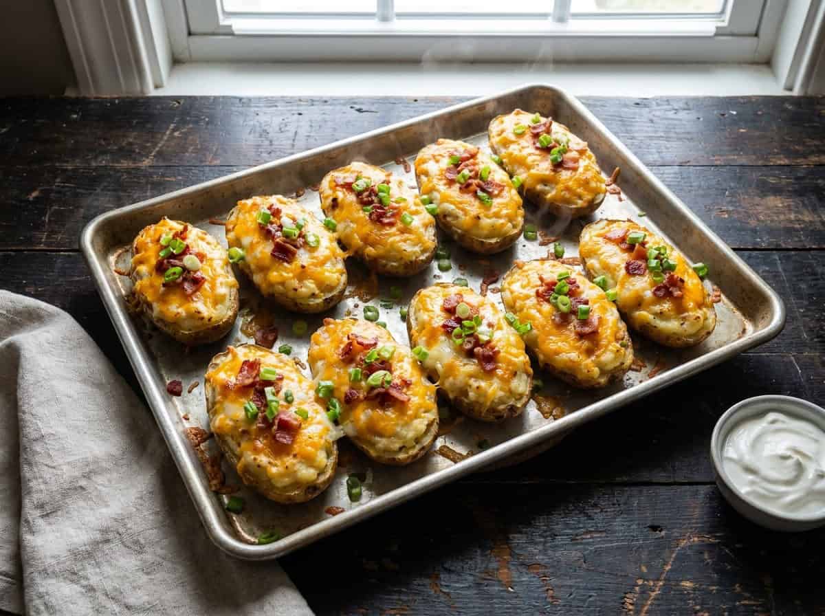 A sheet pan of golden loaded twice baked potatoes topped with cheese, bacon, and scallions.