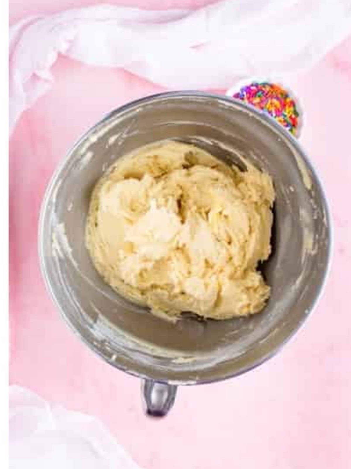 Soft lofthouse cookie dough finished in the stand mixer bowl.