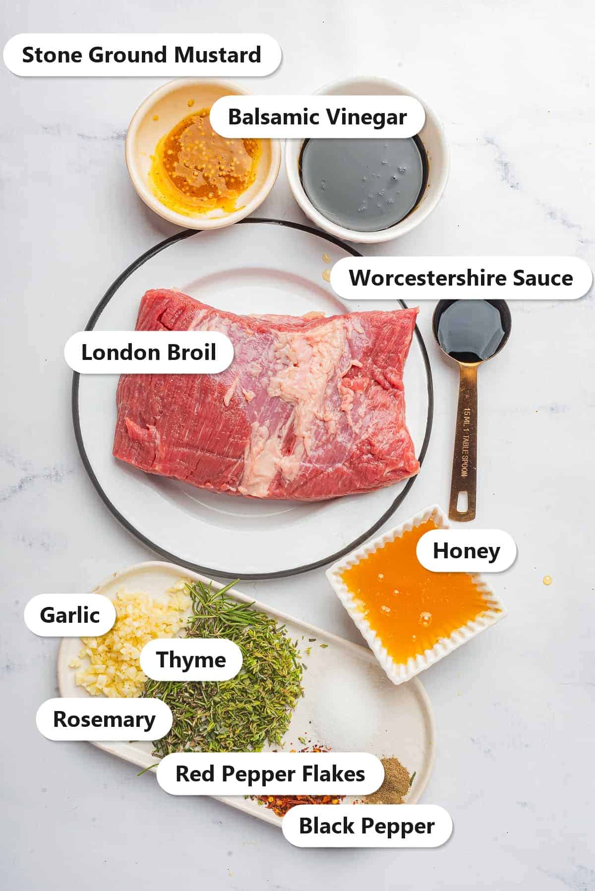 Labeled London broil marinade ingredients including balsamic vinegar, stone ground mustard, honey, Worcestershire sauce, garlic, rosemary, thyme, red pepper flakes, and black pepper.