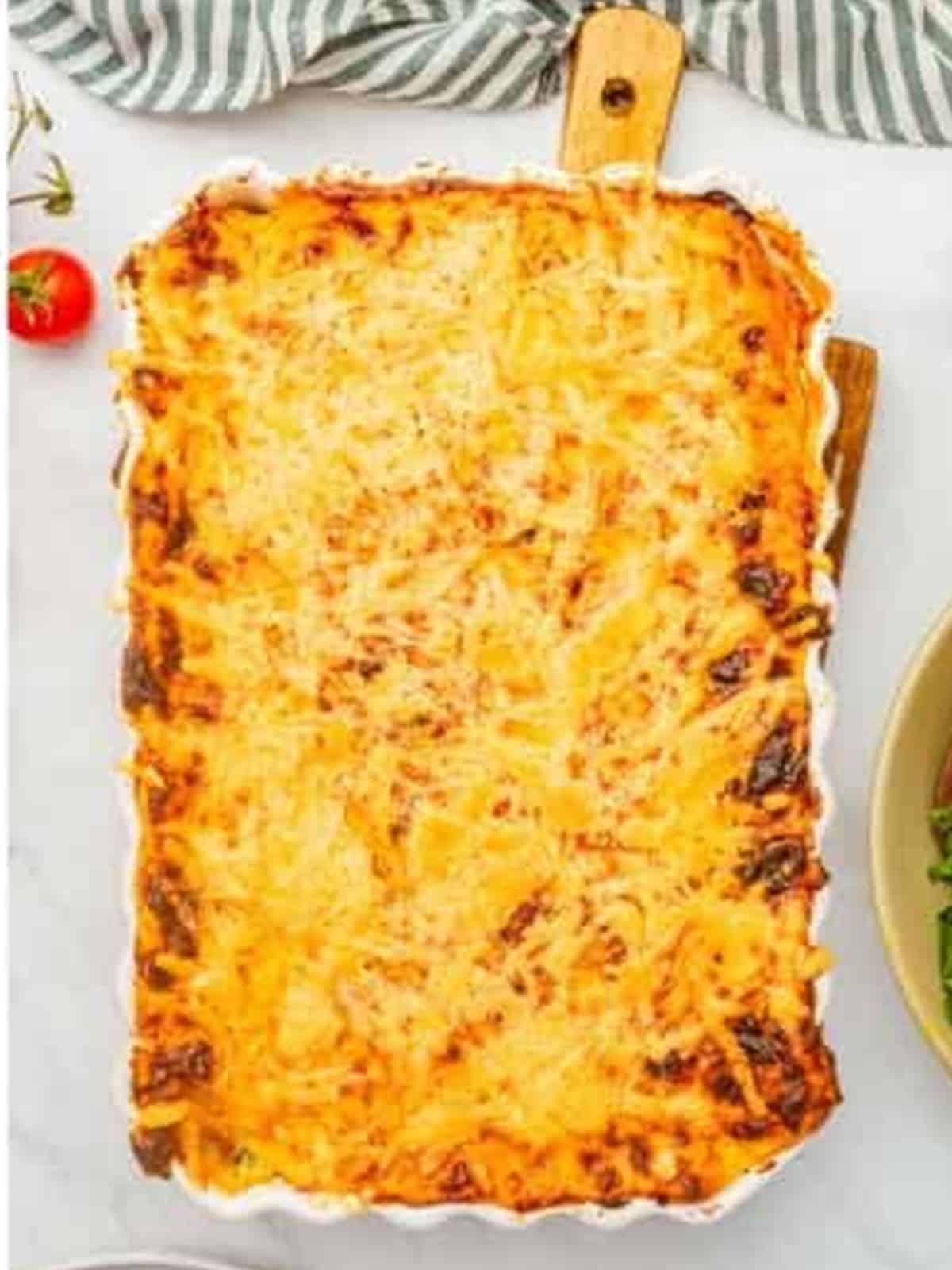 Golden baked moussaka fresh from the oven.