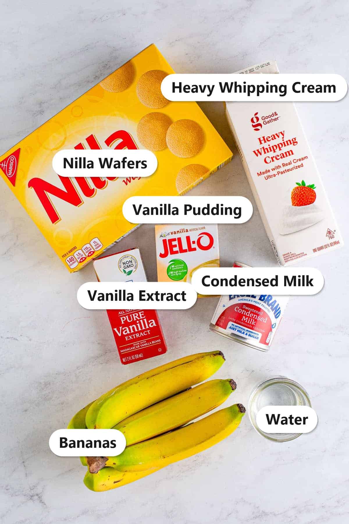 Magnolia Banana Pudding ingredients labeled: Nilla wafers, heavy whipping cream, vanilla pudding, vanilla extract, condensed milk, bananas, and water.