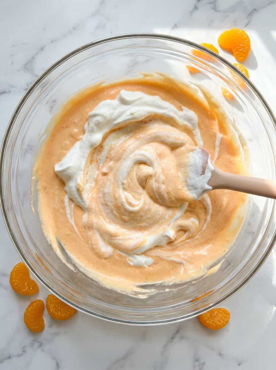 Whipped topping being folded into the orange gelatin and pudding mixture in a glass bowl.