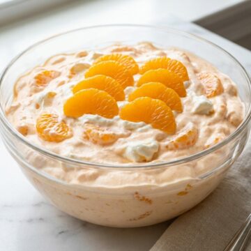 A glass bowl of creamy mandarin orange fluff salad topped with mandarin orange segments.