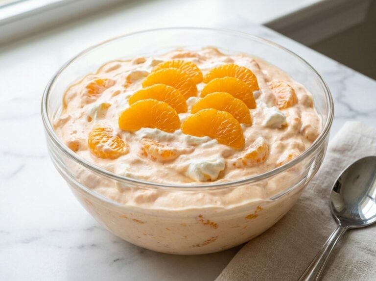 A glass bowl of creamy mandarin orange fluff salad topped with mandarin orange segments.