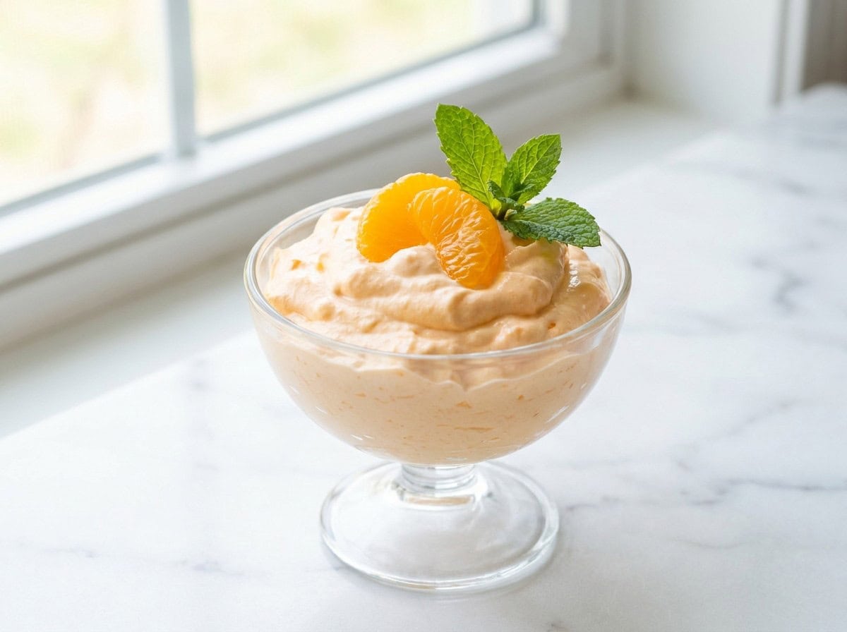 A single serving of mandarin orange fluff salad in a glass dessert dish topped with mandarin oranges and mint.
