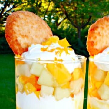 Fresh mango and melon fruit layered with whipped cream for an easy mango dessert verrine.